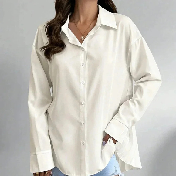 Apricot Casual Women's Solid Color Drop Shoulder Long Sleeve Back Pleated Shirt - Picture 1 of 5
